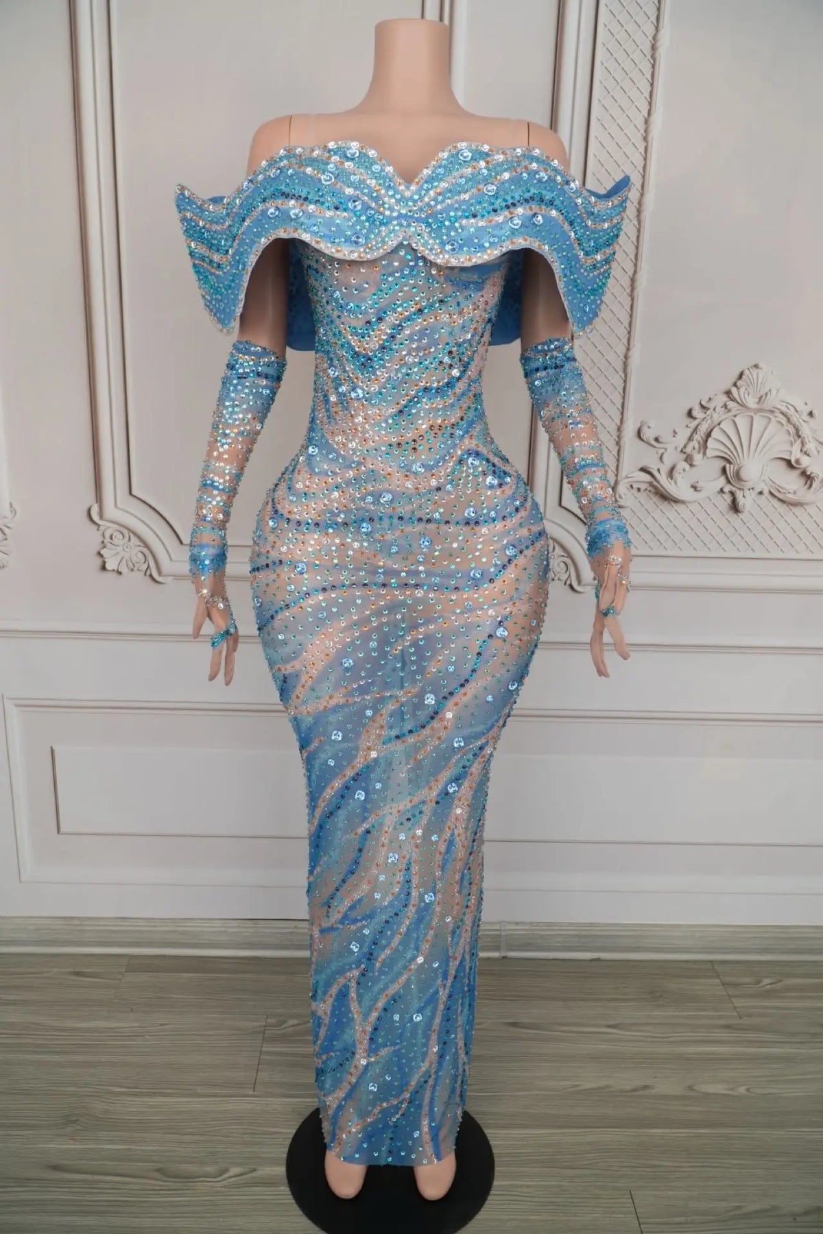 Women's Blue Rhinestone Maxi Gown with Gloves | Luxury Evening Dress for Party & Photoshoot