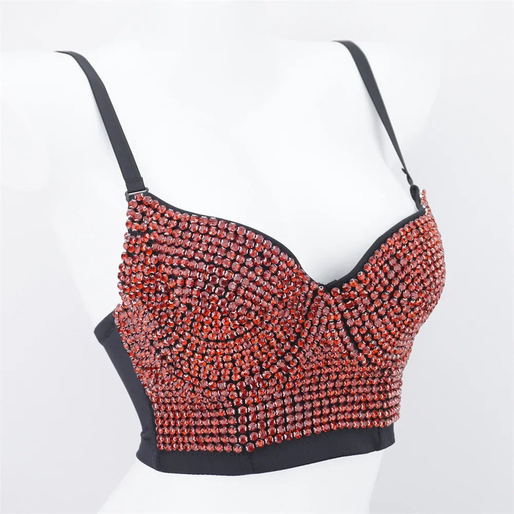 Sparkly Diamond Rhinestone Corset Top Showgirl Stage Performance Push-Up Bustier