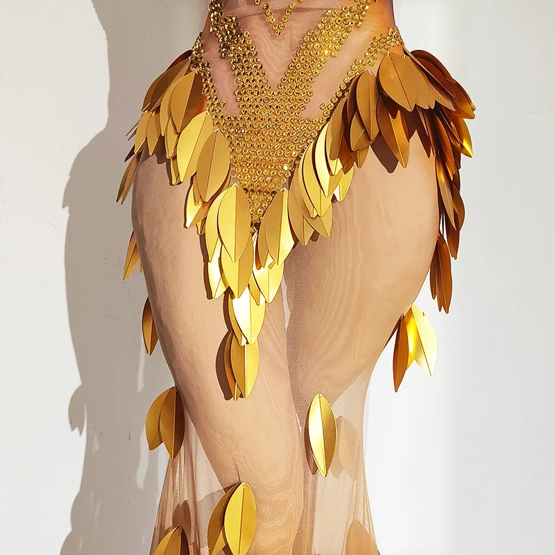 Gold Rhinestone Diamond Leaf Mesh Strapless Long Stage Gown Costume