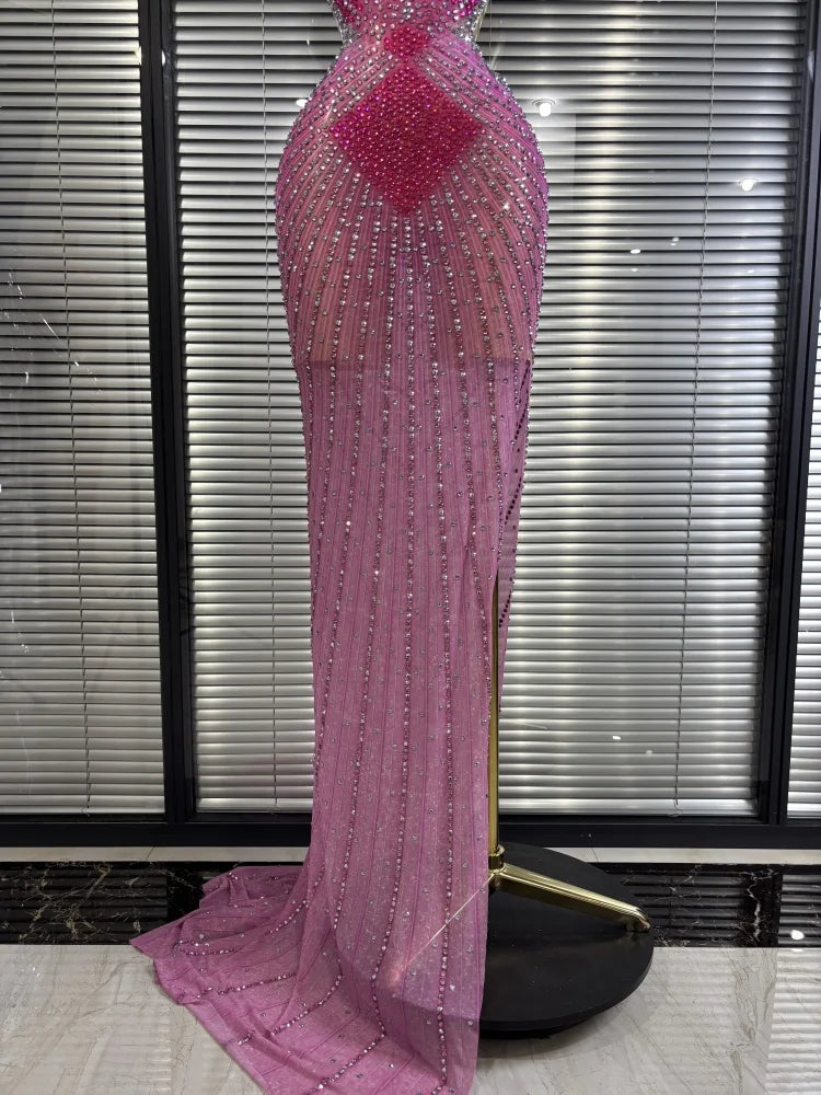 Pink Sleeveless V-Neck Rhinestone Bodycon Floor-Length Showgirl Stage Performance Dress