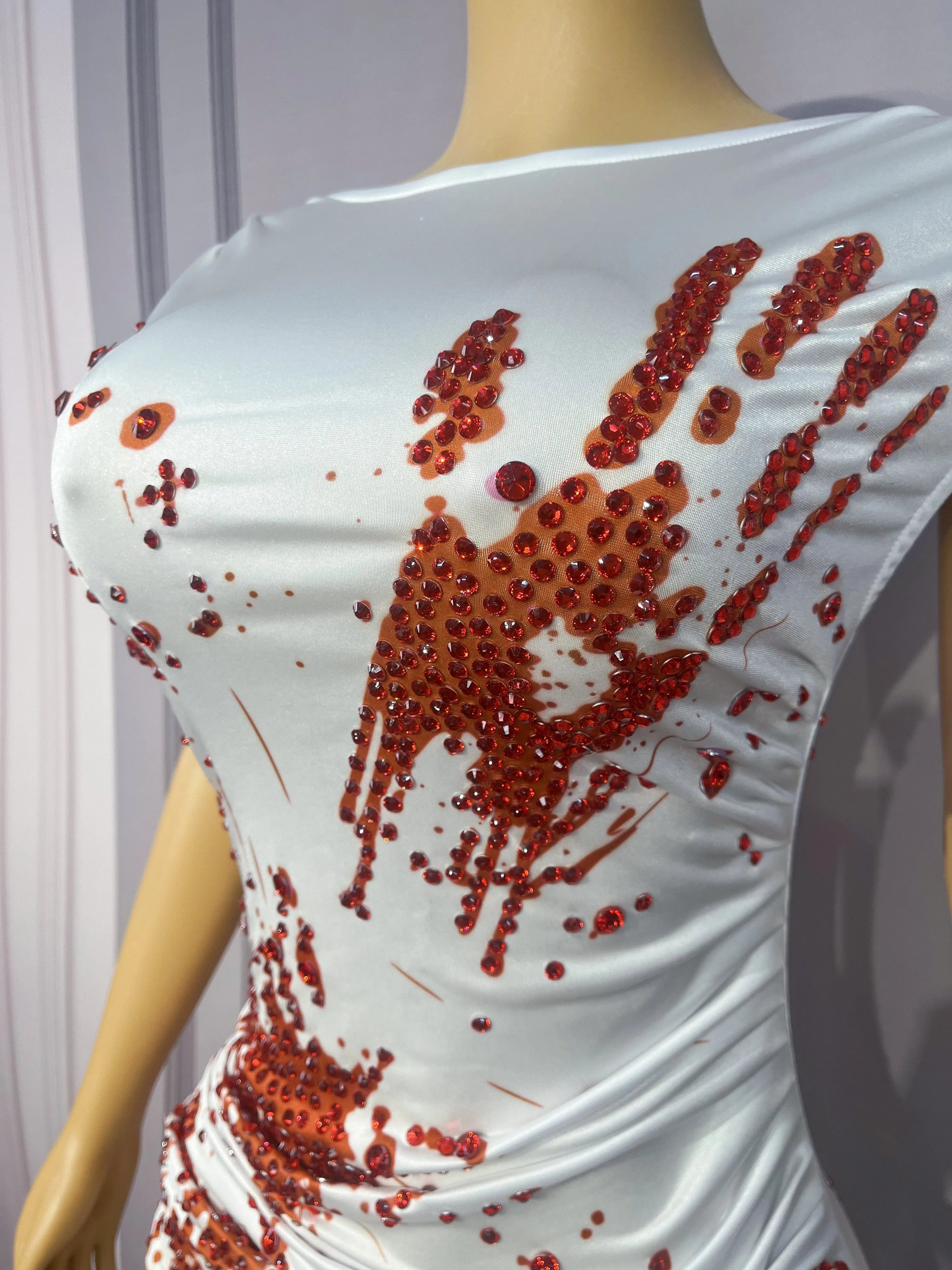 Blood Splatter Rhinestone Ruched Midi Dress Sleeveless Halloween Stage Costume