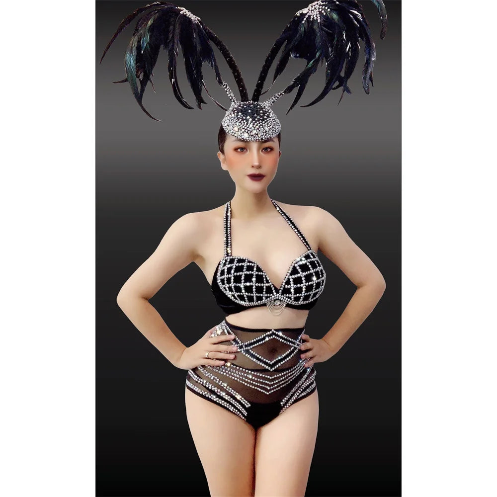 Black Rhinestone Grid Bikini & Feather Wing Headpiece Gogo Stage Costume Set