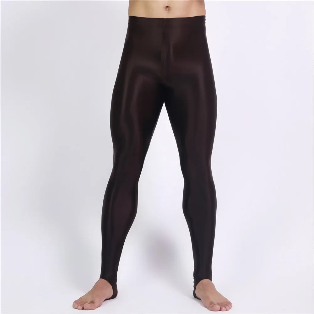 Men's Slim Tights Pencil Pants Stain Smooth  Oil Glossy Shiny Elastic Yoga Leggings Sheer See Through Full Pants Plus Size