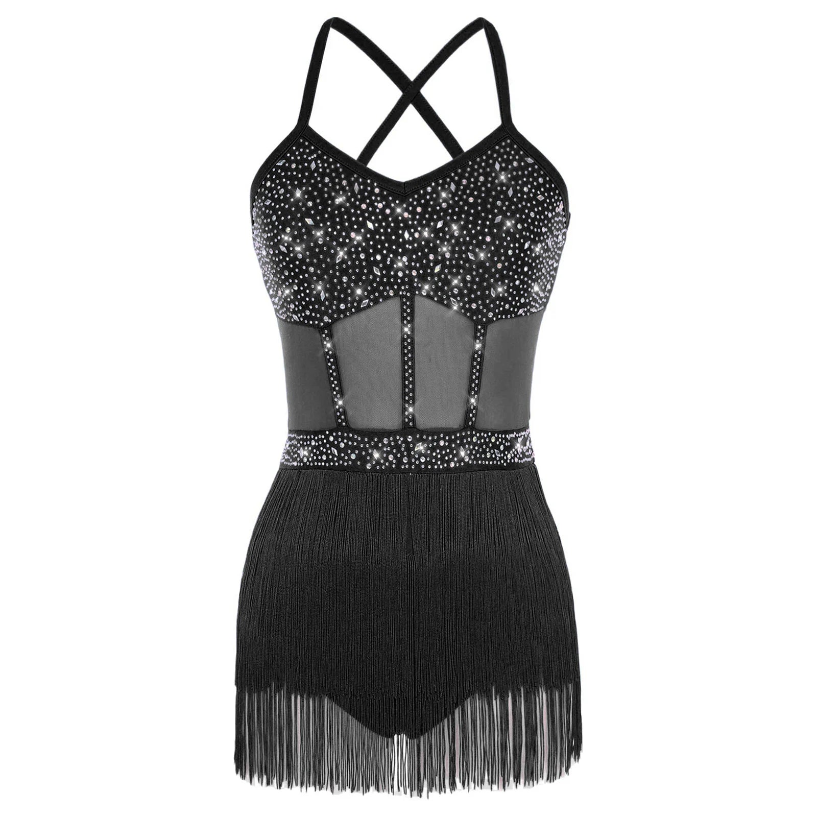 Rhinestone Latin Dance Dress, Mesh Tiered Tassel Bodysuit & Long Gloves Set