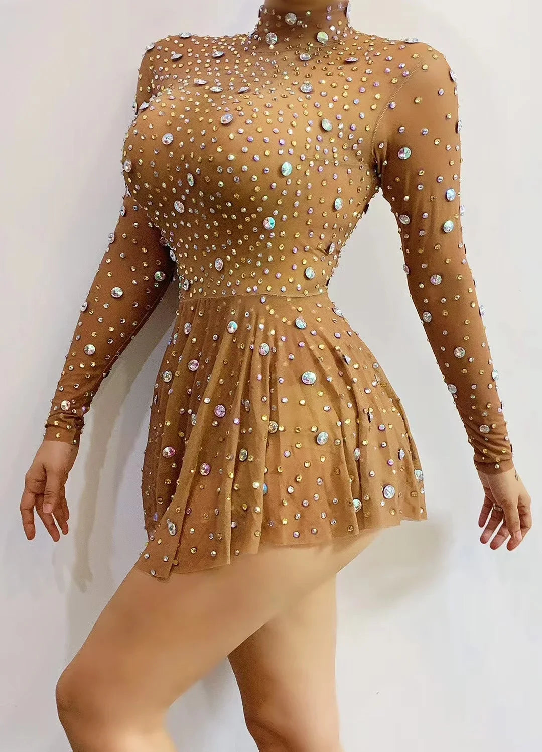 Transparent Rhinestone High-Collar Mini Dress & Stage Performance Costume