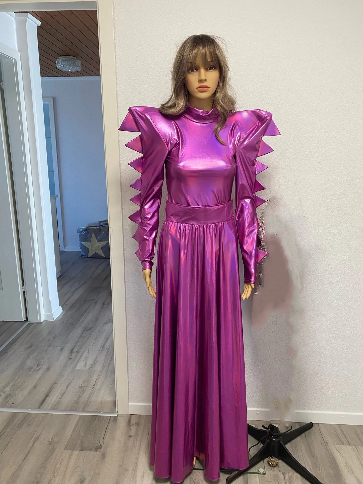 Metallic Armor Bodysuit & Trailing Bustle Skirt 2-Piece Stage Performance Costume Set