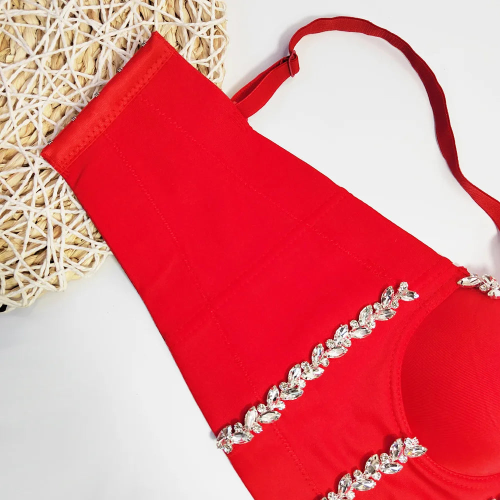 Crystal Chain Strap Bustier Corset Crop Top Hook-and-Eye Stage Bralette