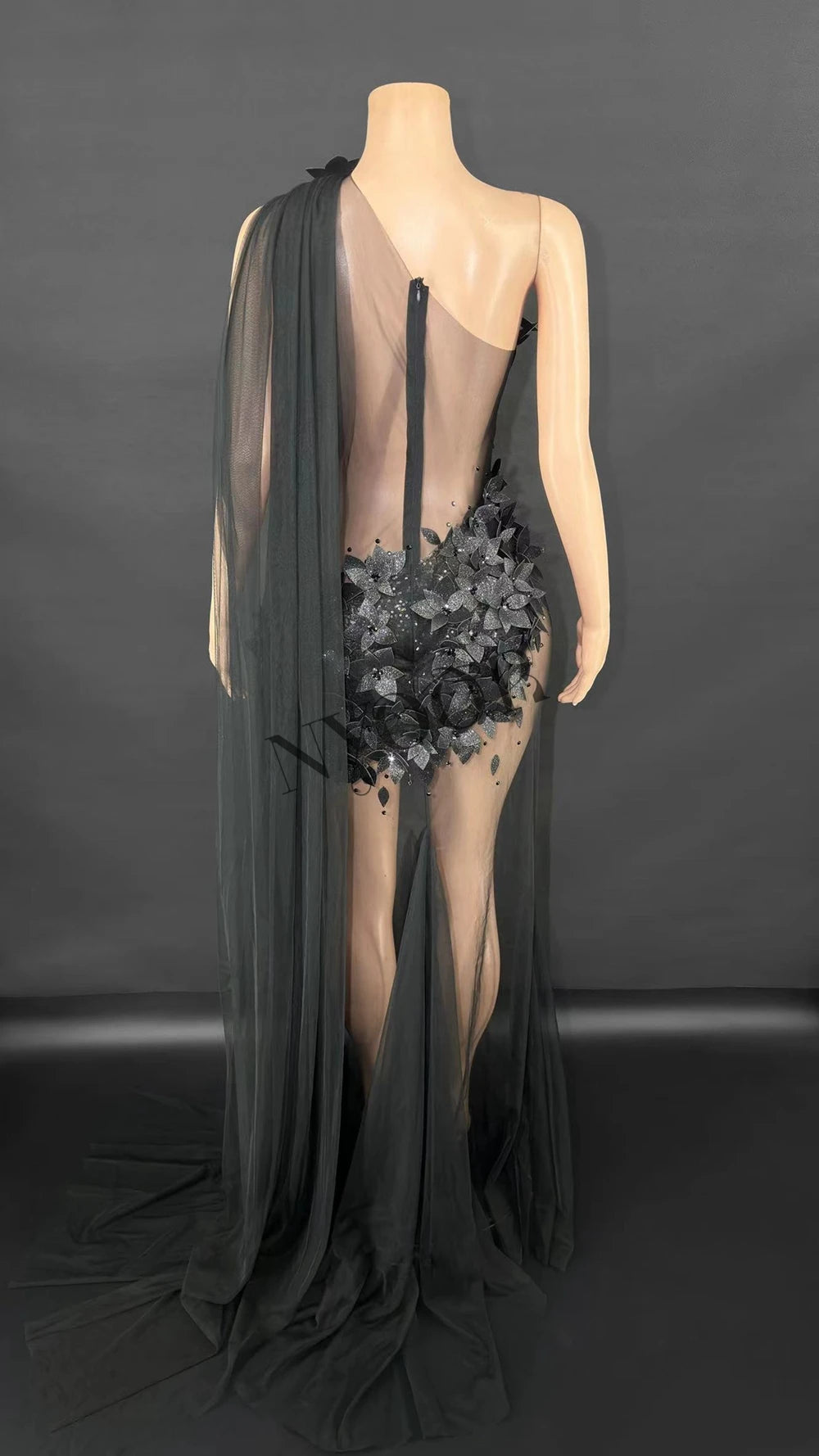 Sheer Rhinestone Applique Evening Gown Long Tail Showgirl Stage Performance Dress