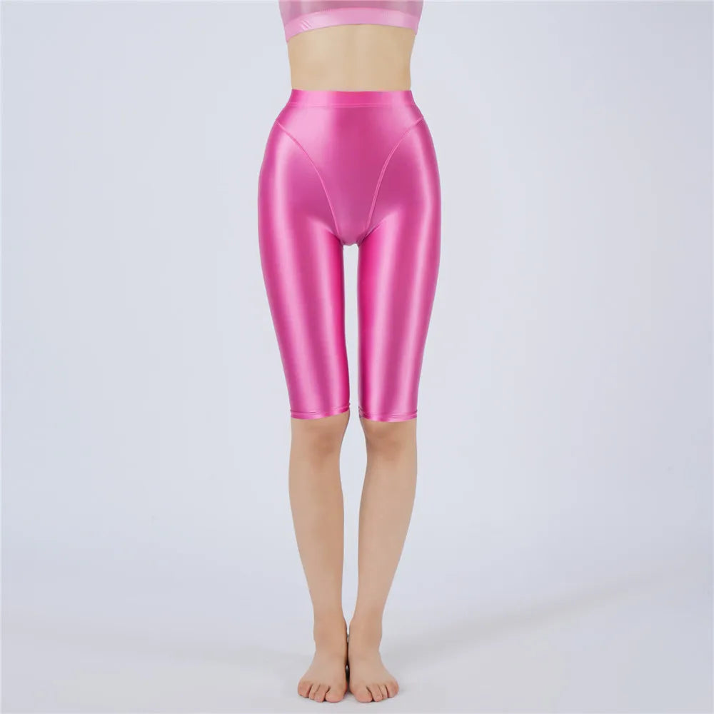 Oil Glossy High-Stretch Knee-Length Shorts Satin Shine Performance Biker Shorts