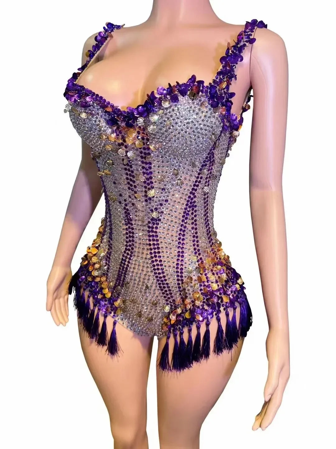 Sparkly Rhinestone & Tassel Fringe Bodysuit Stage Performance Costume