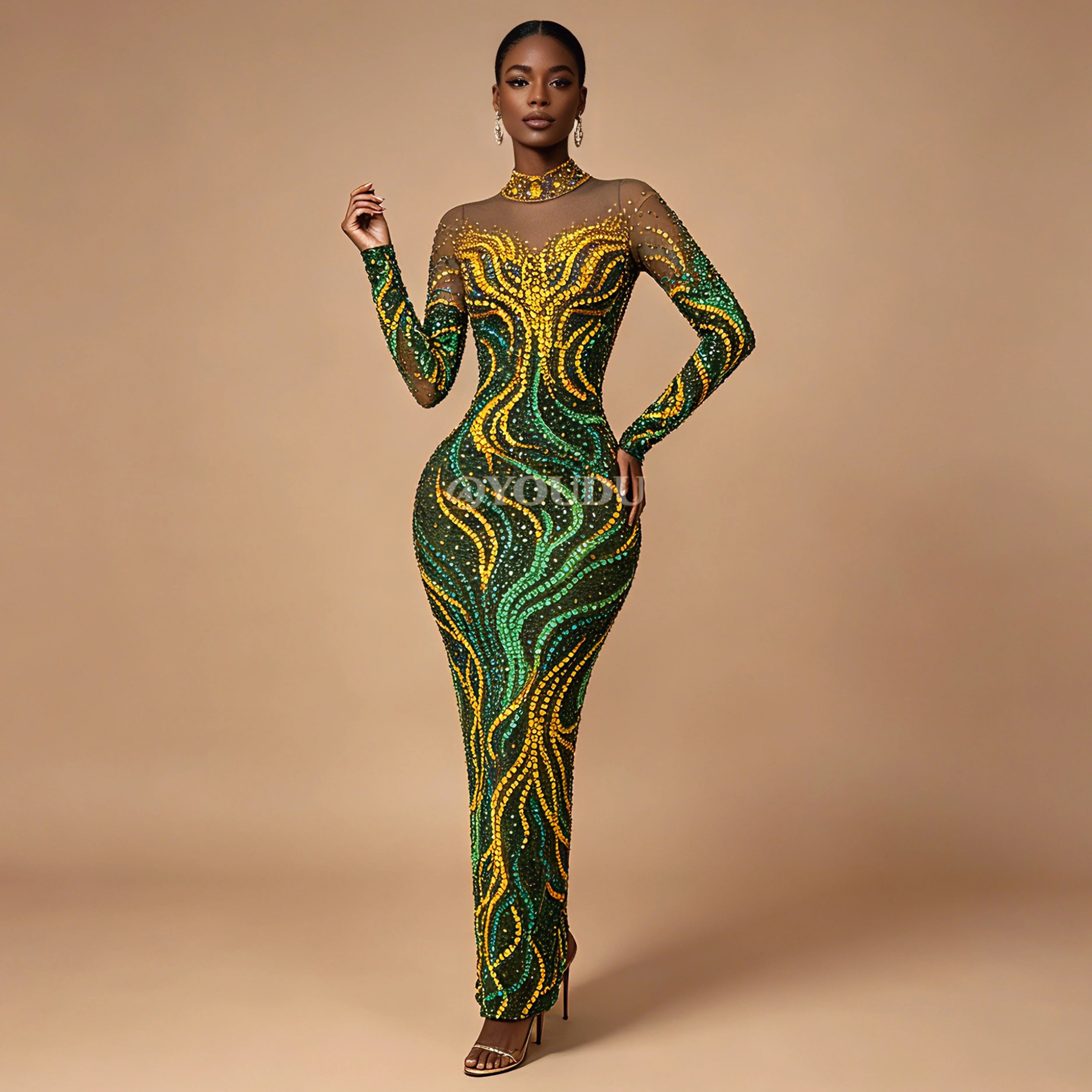 Gold & Emerald Swirl Rhinestone Illusion Maxi Gown Long Sleeve Floor-Length Evening Dress