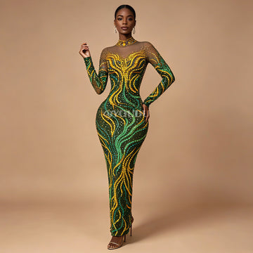 Gold & Emerald Swirl Rhinestone Illusion Maxi Gown Long Sleeve Floor-Length Evening Dress