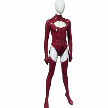 Faux Latex PU Leather Hollow-Out Breast Zipper Bodysuit & Stockings Set