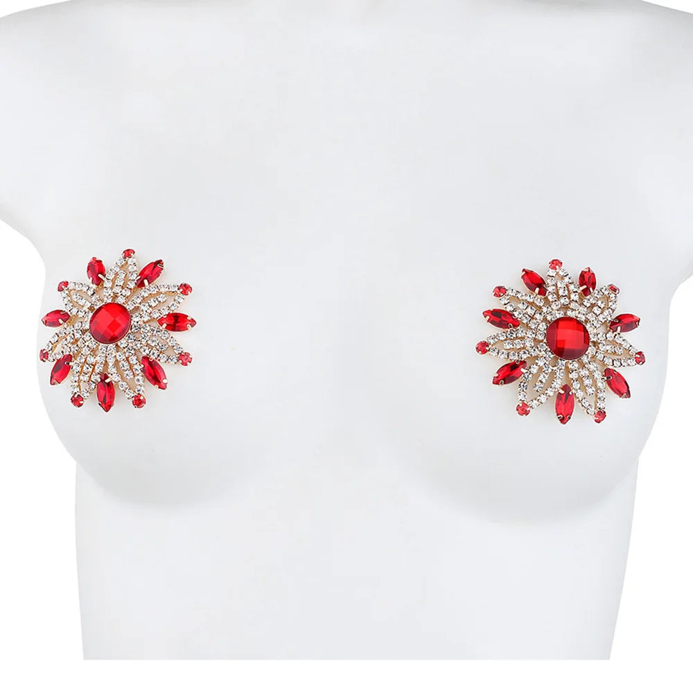 Sparkly Rhinestone Floral Sunburst Reusable Nipple Pasties Self-Adhesive Covers