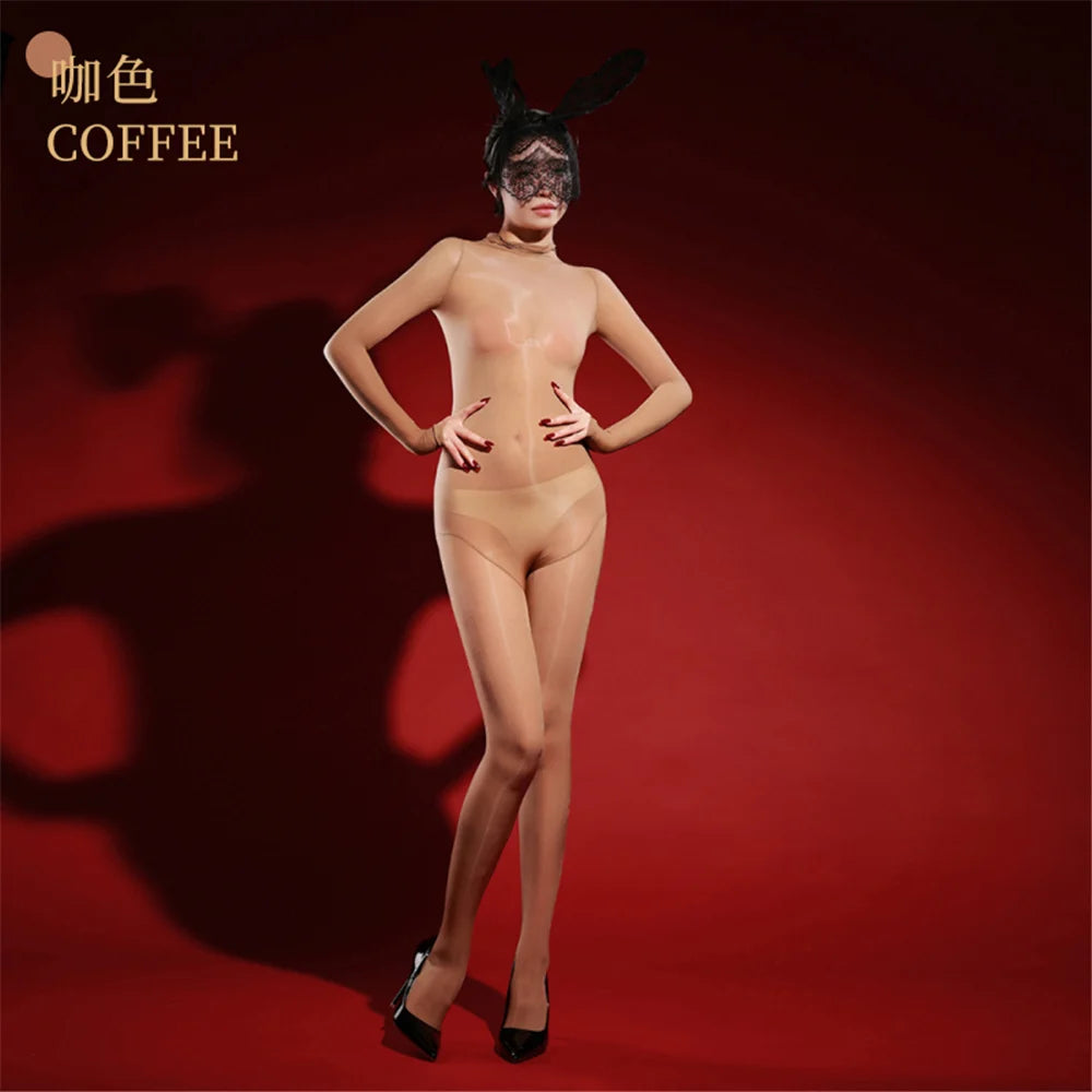 Oil Glossy High-Stretch Sheer Full-Length Bodysuit Thong Catsuit Jumpsuit