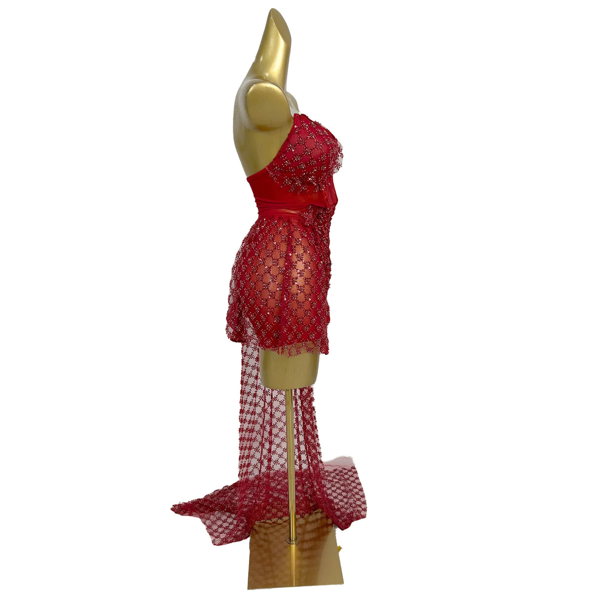 Women Sweetheart Red Sheer Mesh Neck Bodysuit Crystal Bodycon Mini Dress with Asymmetric Trailing Train Singer Show Costume