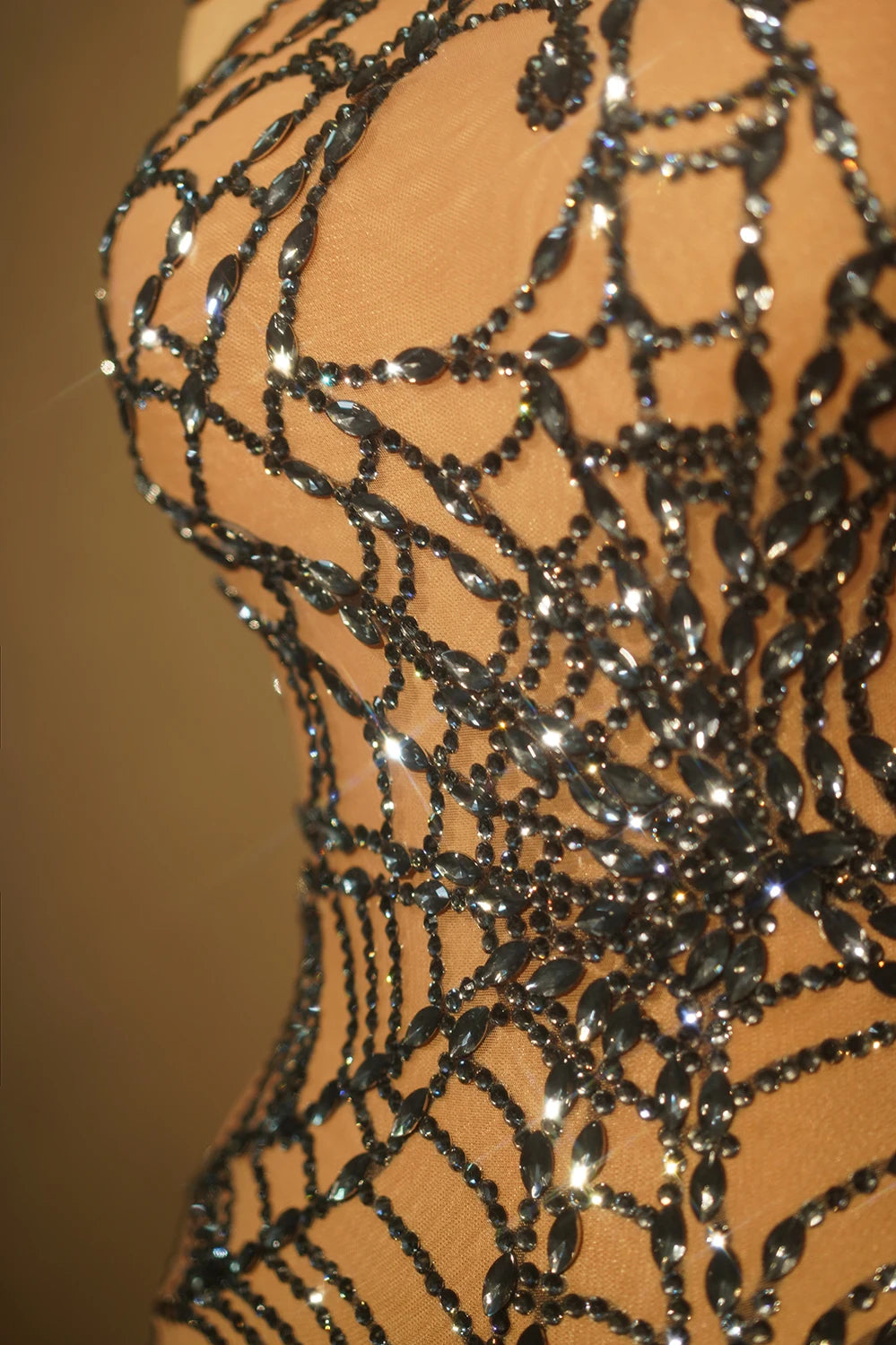 Sparkly Silver Rhinestone Spider Web Mesh Stage Performance Costume Set