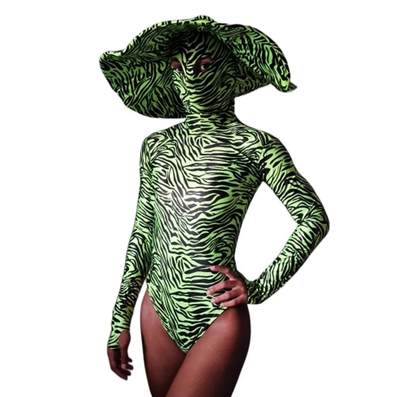 Zebra Stripe Cutout Bodysuit & Statement Big Hat 2-Piece Stage Dance Costume Set