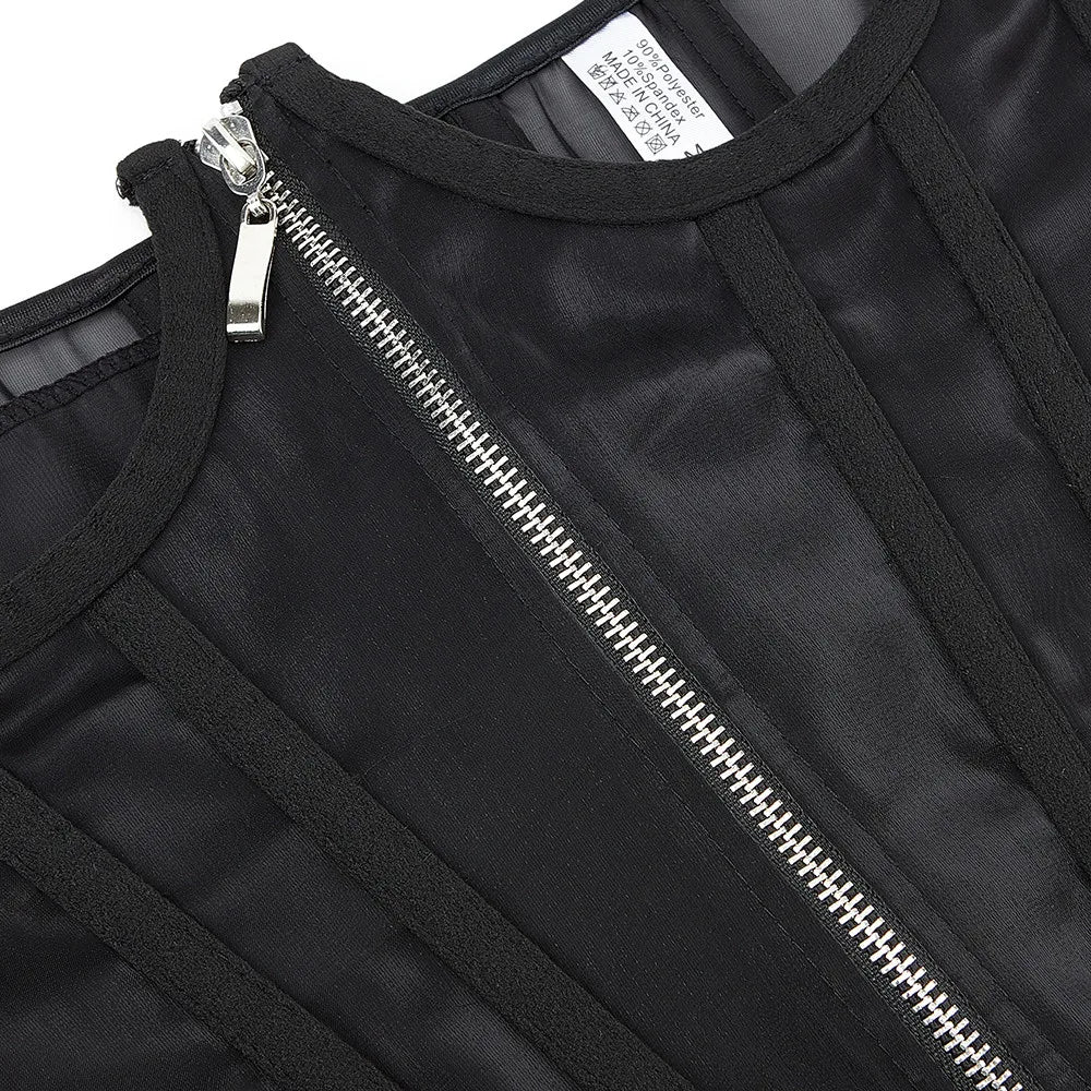 Transparent Sheer Mesh Underbust Corset Zipper Front Boned Waist Cincher Top
