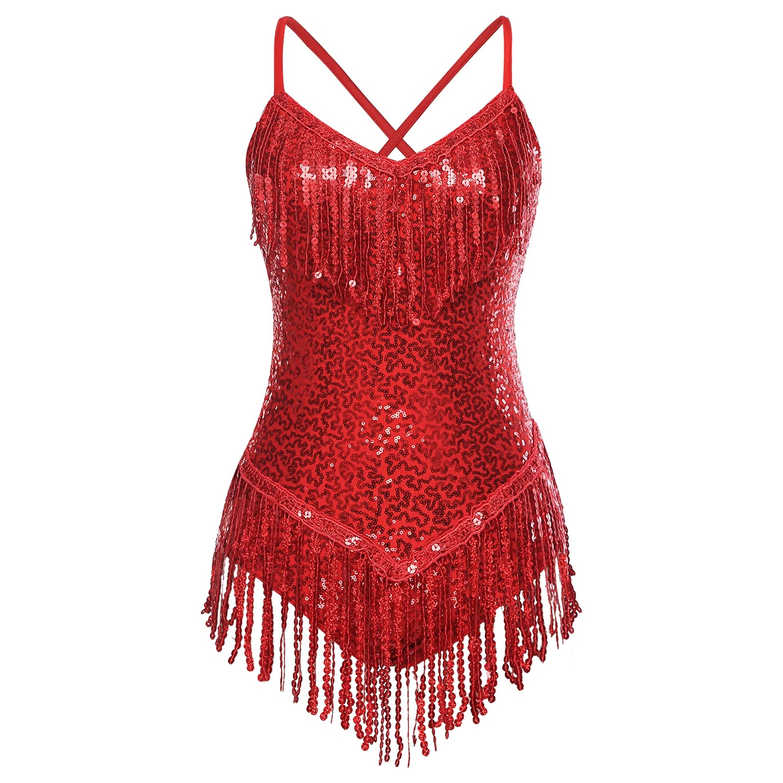 Sequins Fringed Cross Back Latin Dance Leotard Sleeveless V-Neck Bodysuit