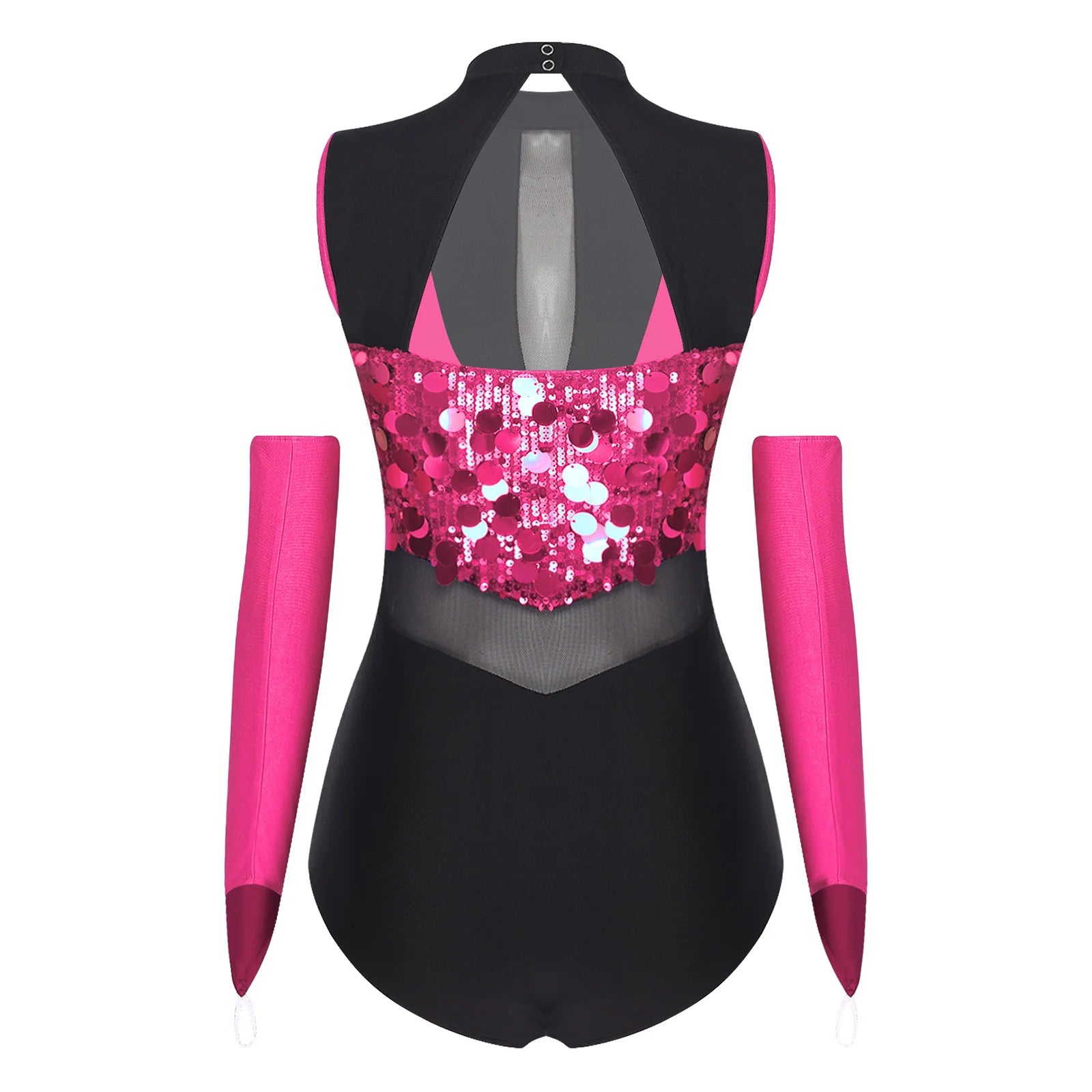 Sparkly Sequin Mock Neck Dance Leotard & Gloves Two-Piece Bodysuit Set