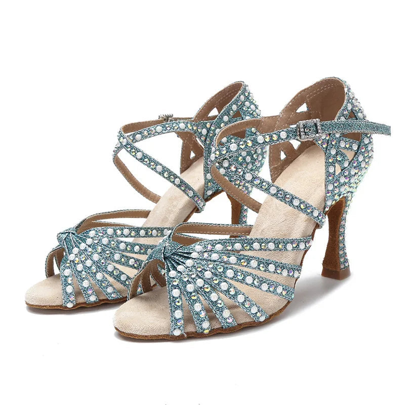 Sparkly AB Rhinestone Latin Dance Shoes Soft Bottom Ballroom Competition Heels
