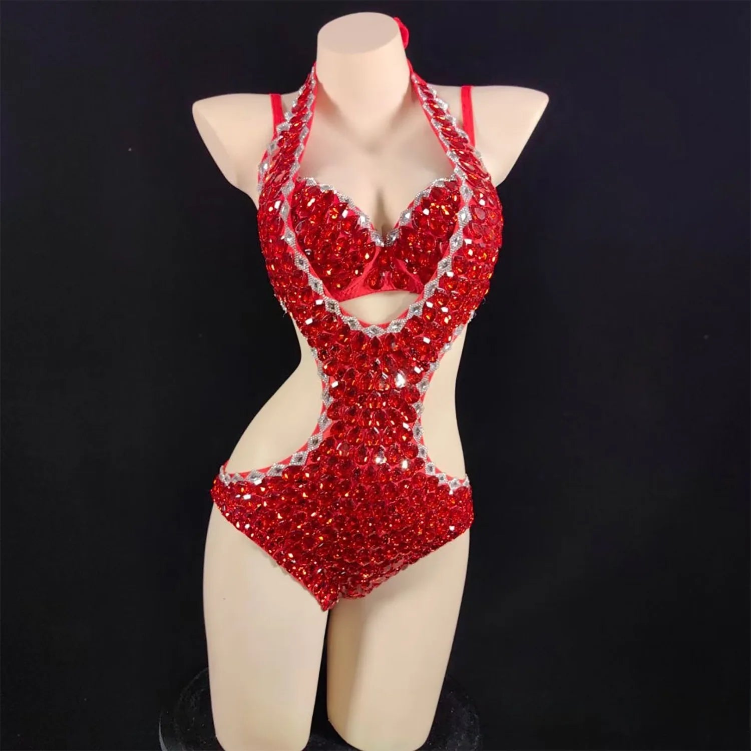 Luxury Rhinestone & Crystal Beaded Halter Bikini Stage Bodysuit