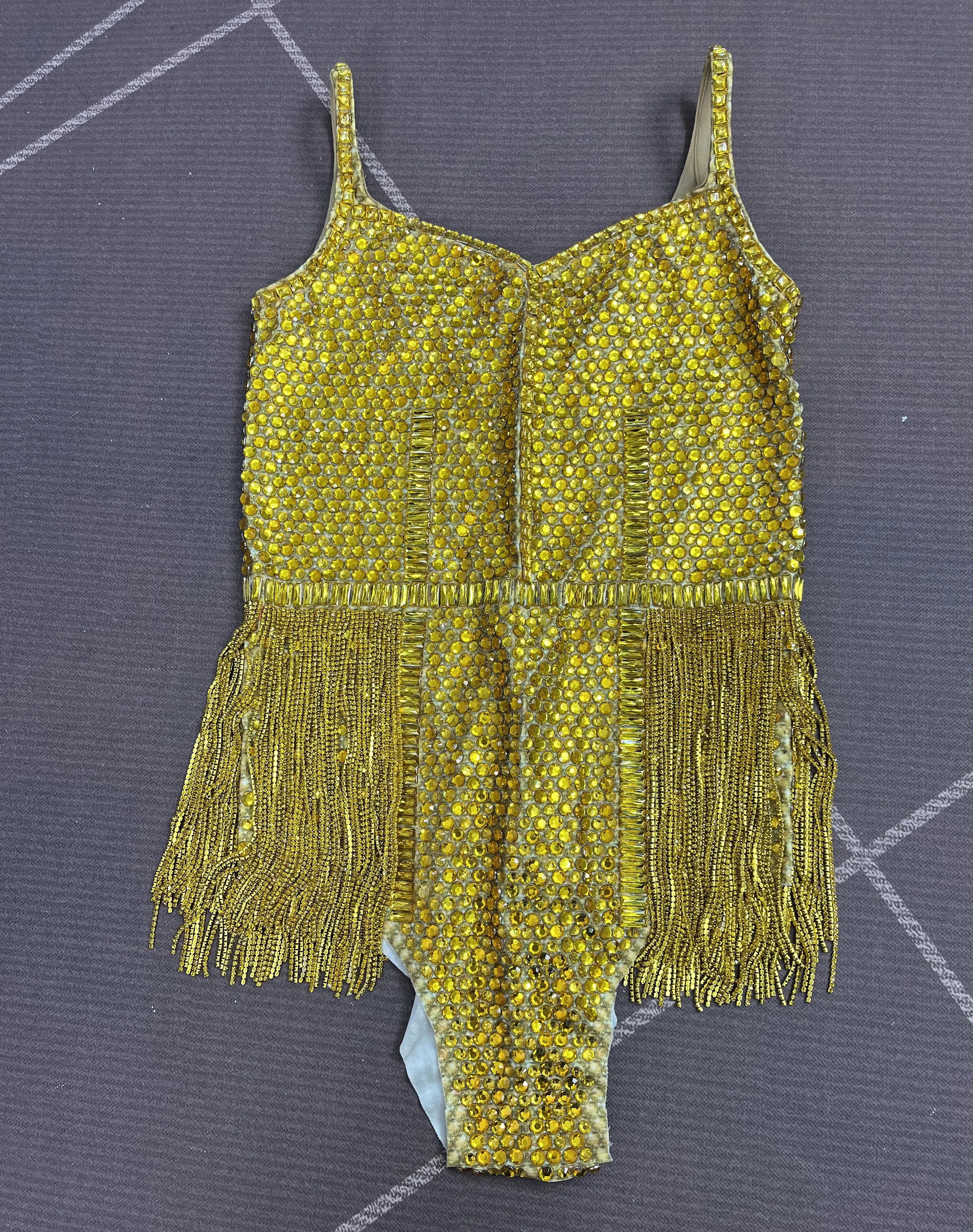 Gold Crystal Rhinestone Chain High-Cut Stage Performance Bodysuit Leotard