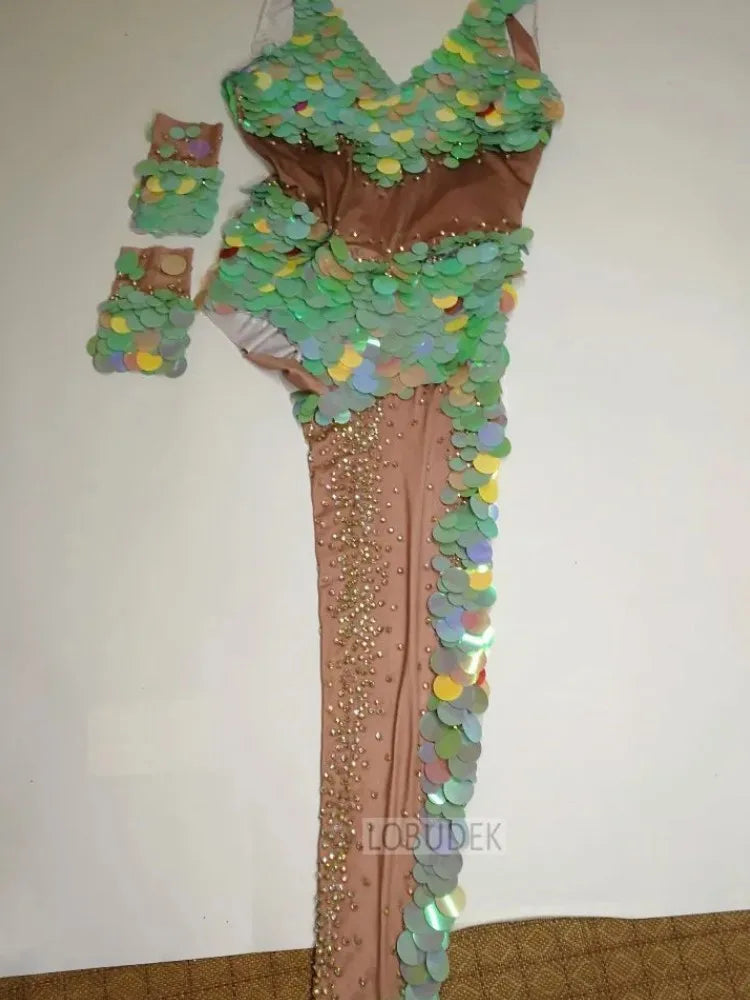 Asymmetrical Sequined Rhinestone Bodysuit & Single Legging Catsuit Stage Costume