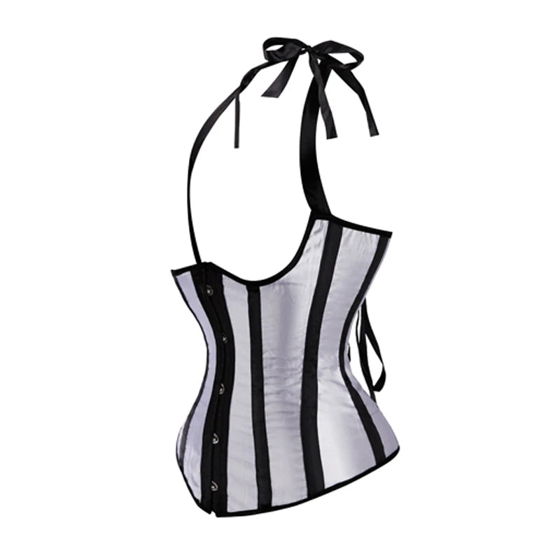 Gothic Striped Satin Halter Underbust Corset Vest 12 Spiral Steel Bones Bustier