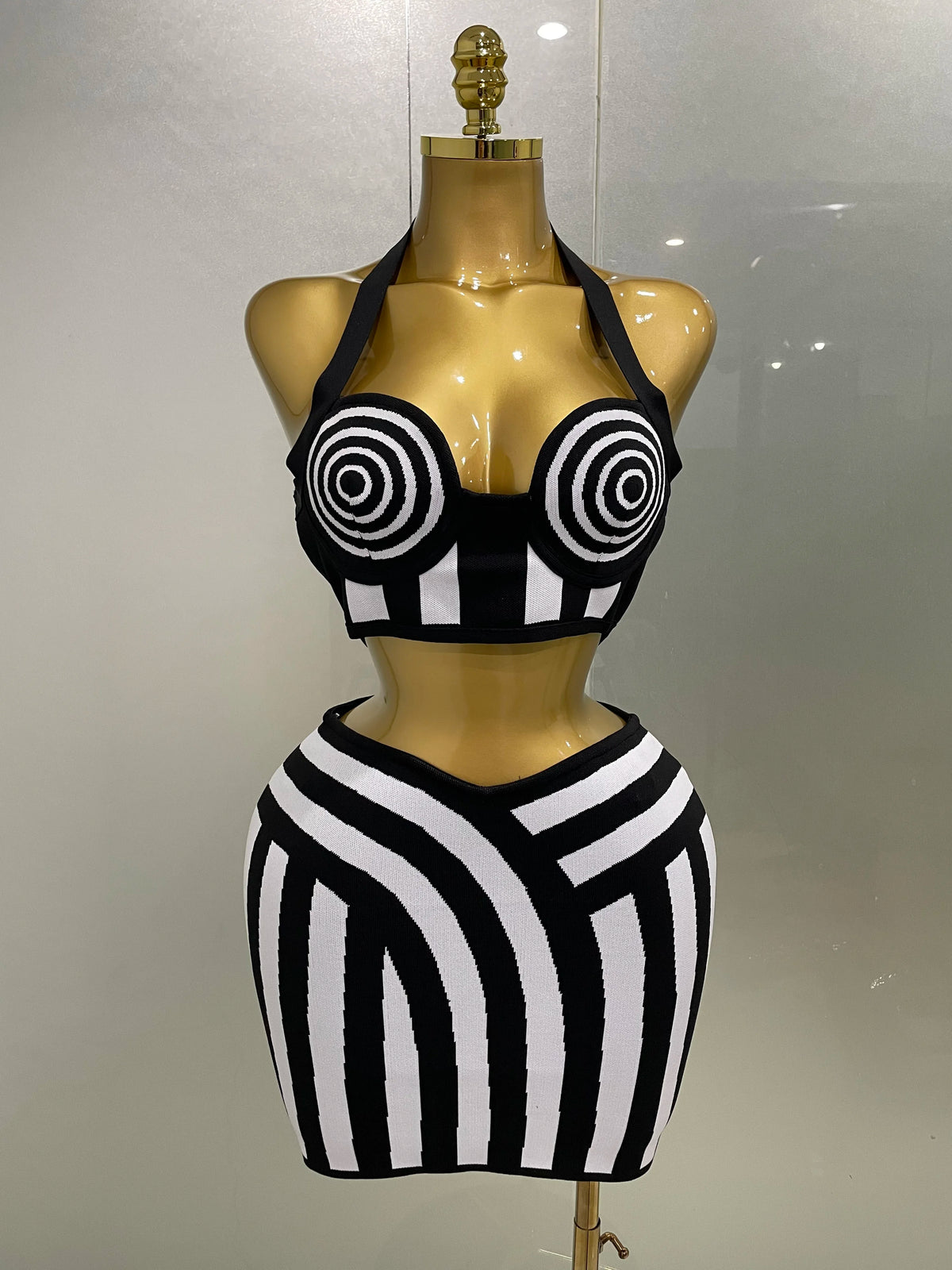 Black & White Striped Two-Piece Skirt Set