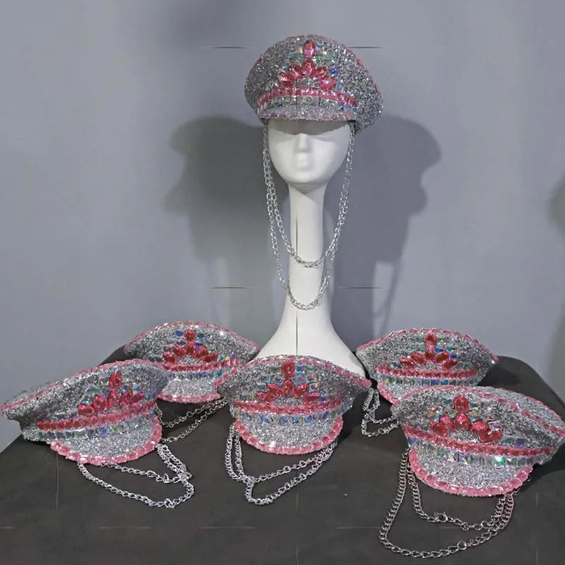 Pink & Silver Rhinestone Captain Hat Drag Queen & Showgirl Stage Headwear