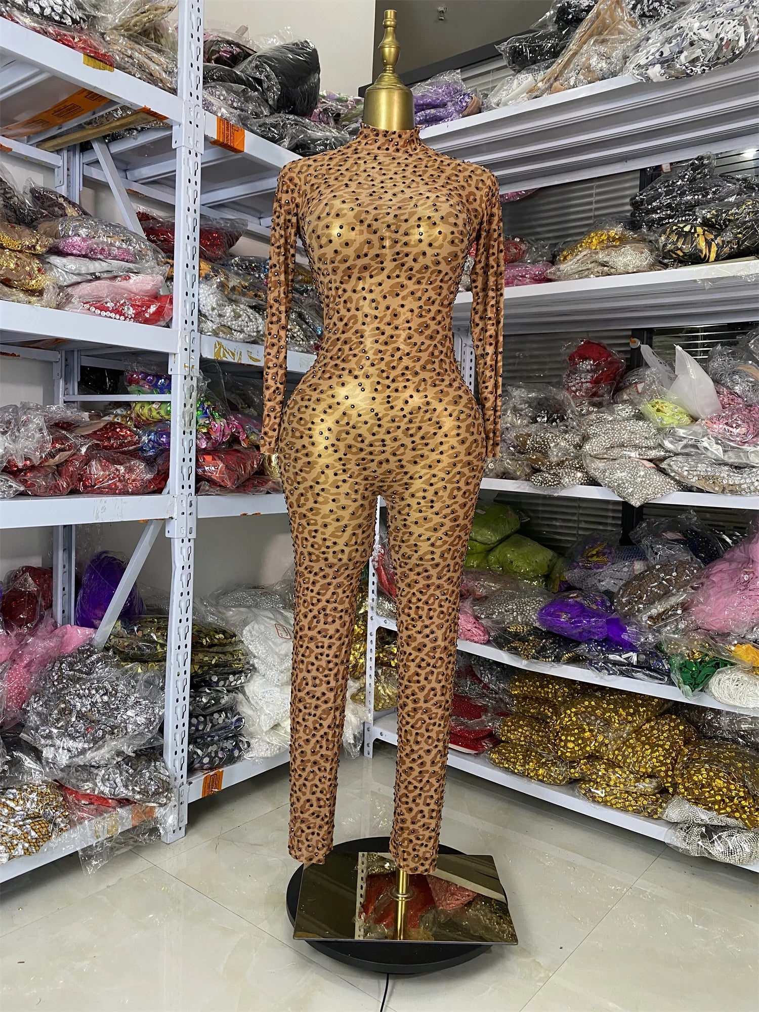 Leopard Print Rhinestone Catsuit Long Sleeve Stage Performance Jumpsuit