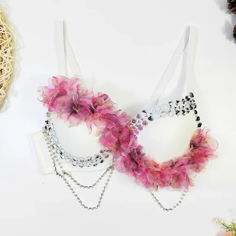 Floral Trim Rhinestone Corset Top Bustier Showgirl Stage Performance Camisole