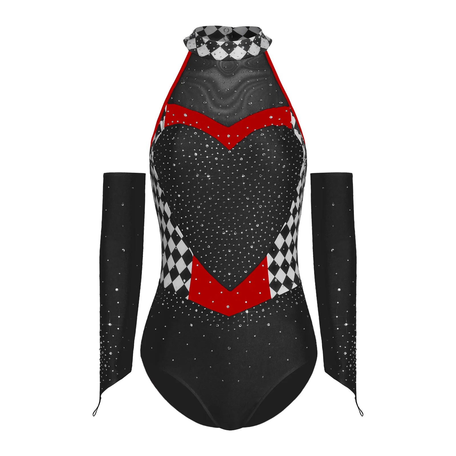 Queen of Hearts Rhinestone Halter Bodysuit & Sleeves Checkered Circus Stage Costume Set