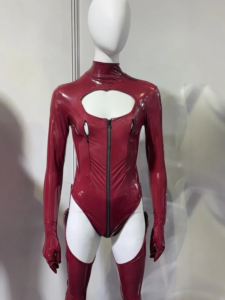 Faux Latex PU Leather Hollow-Out Breast Zipper Bodysuit & Stockings Set