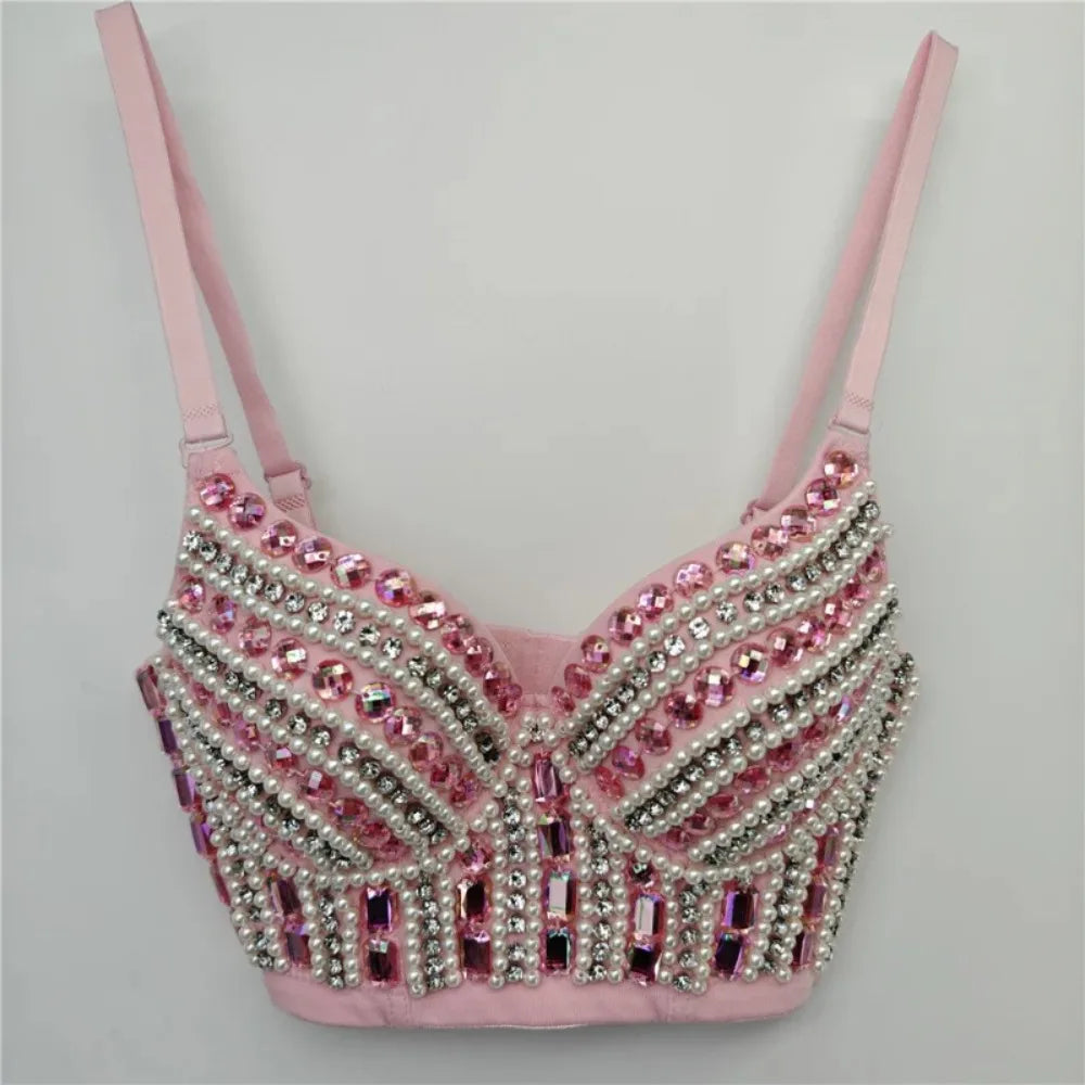 Sparkly Rhinestone Corset Tank Top Showgirl Stage Performance Bra Bustier