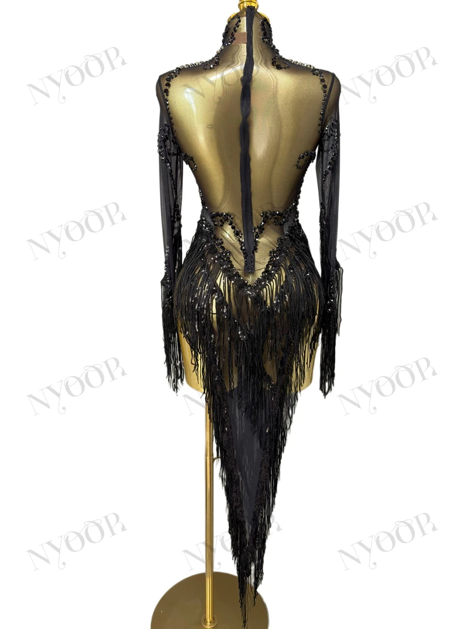 Black Rhinestone Fringe Illusion Mini Dress Sparkly Stage Dance Costume