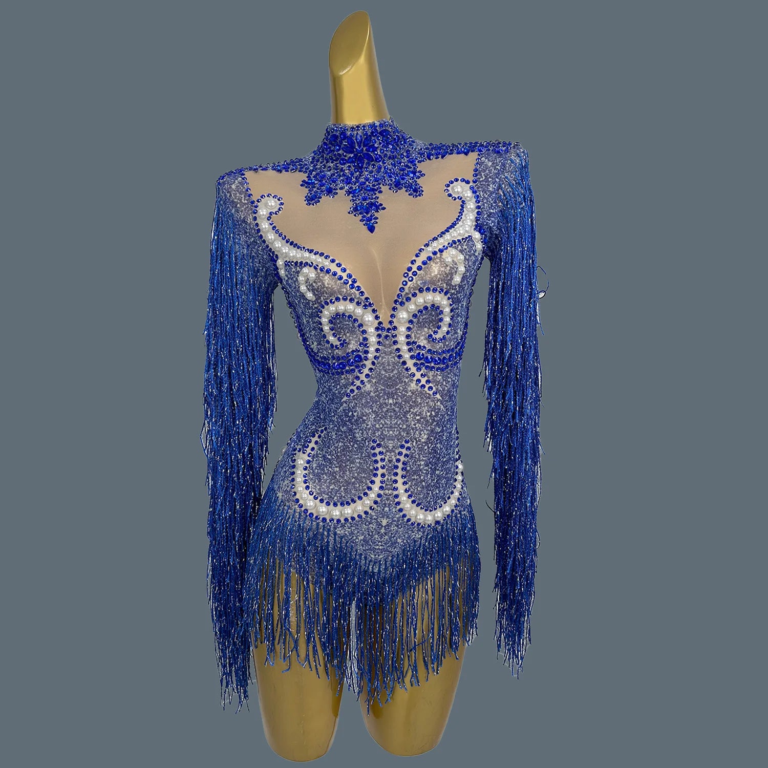 Pearl & Rhinestone Tassel Stage Costume Bodysuit Dance Leotard