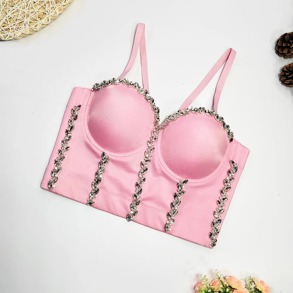 Crystal Chain Strap Bustier Corset Crop Top Hook-and-Eye Stage Bralette