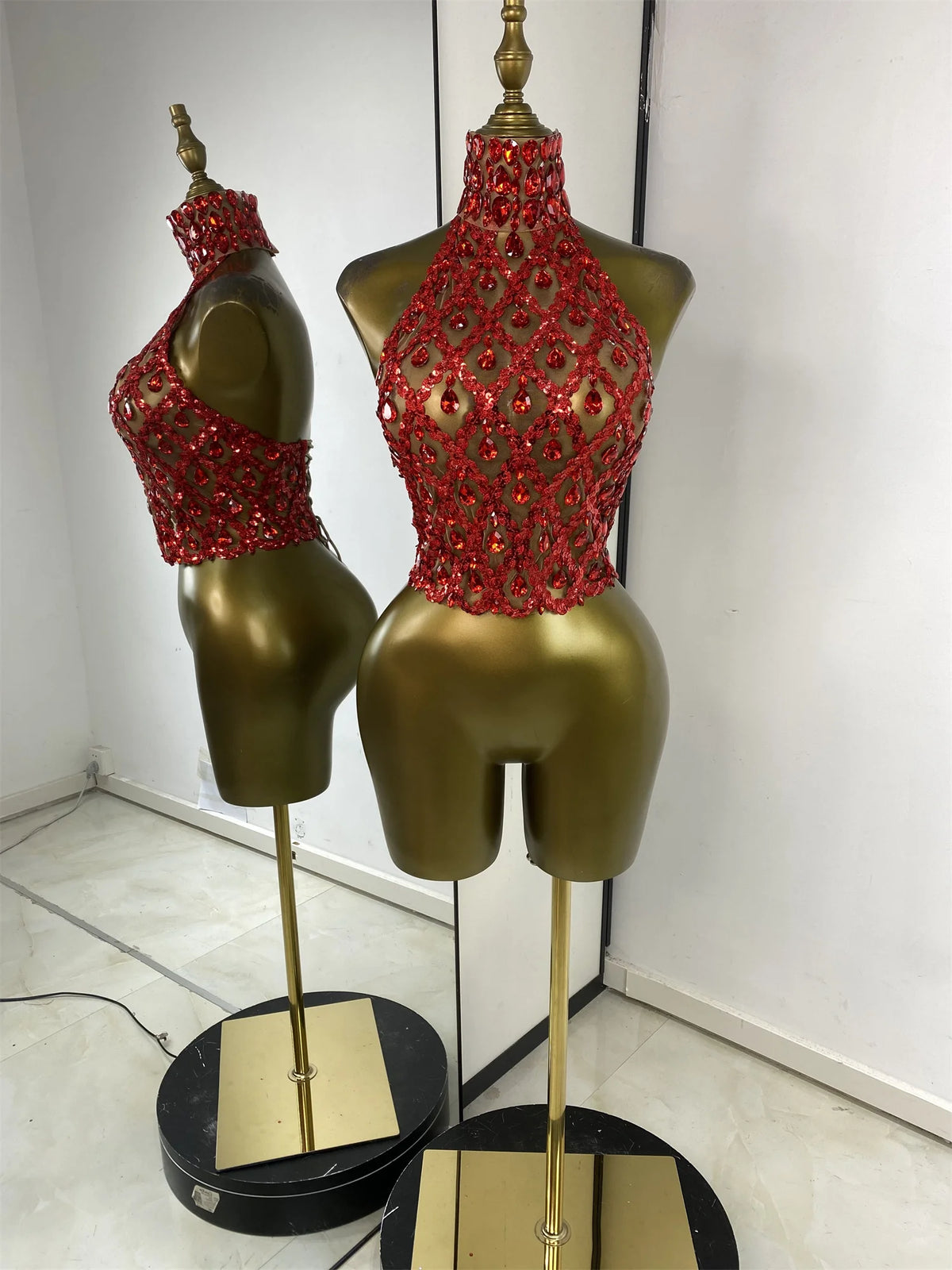 Sparkly Rhinestones Sequins Mesh Laced-Up Back Top