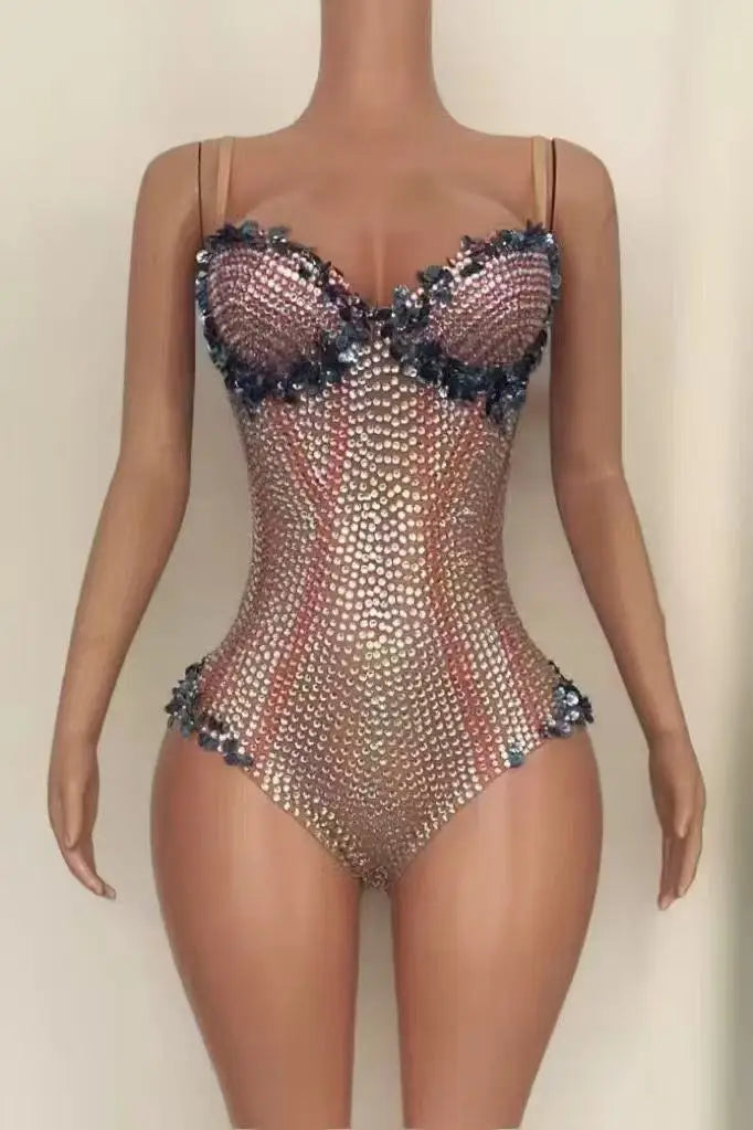 Sparkly Rhinestone & Tassel Fringe Bodysuit Stage Performance Costume