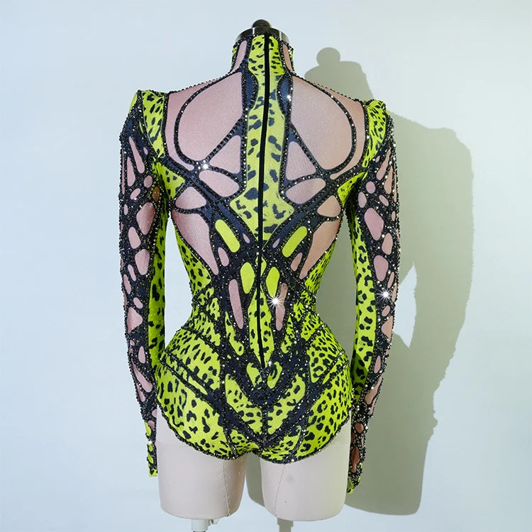 Futuristic Cyber Armor Rhinestone Bodysuit Mock Neck Sleeveless Stage Dance Costume