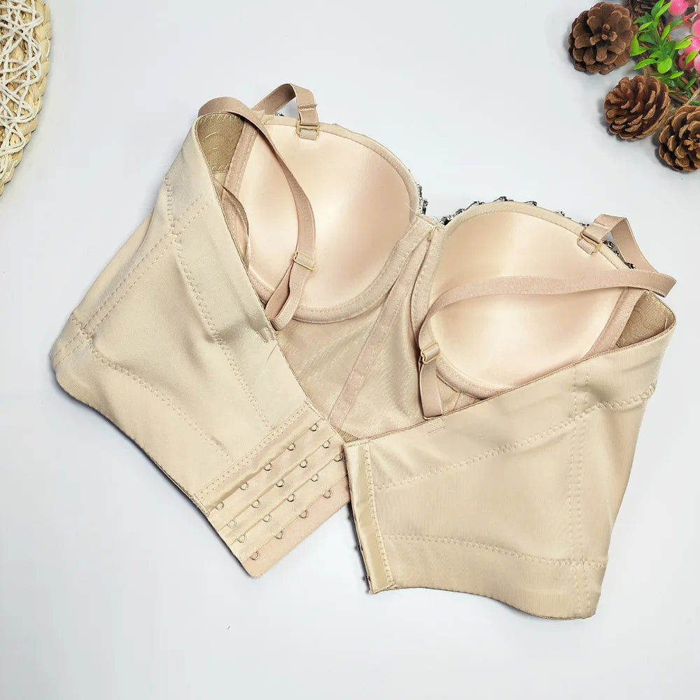 Crystal Chain Strap Bustier Corset Crop Top Hook-and-Eye Stage Bralette