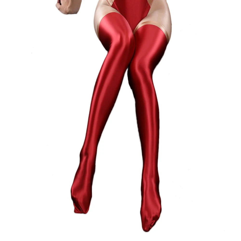 Oil Glossy Patchwork Thigh-High Stockings Satin Smooth Over-Knee Dance Hosiery