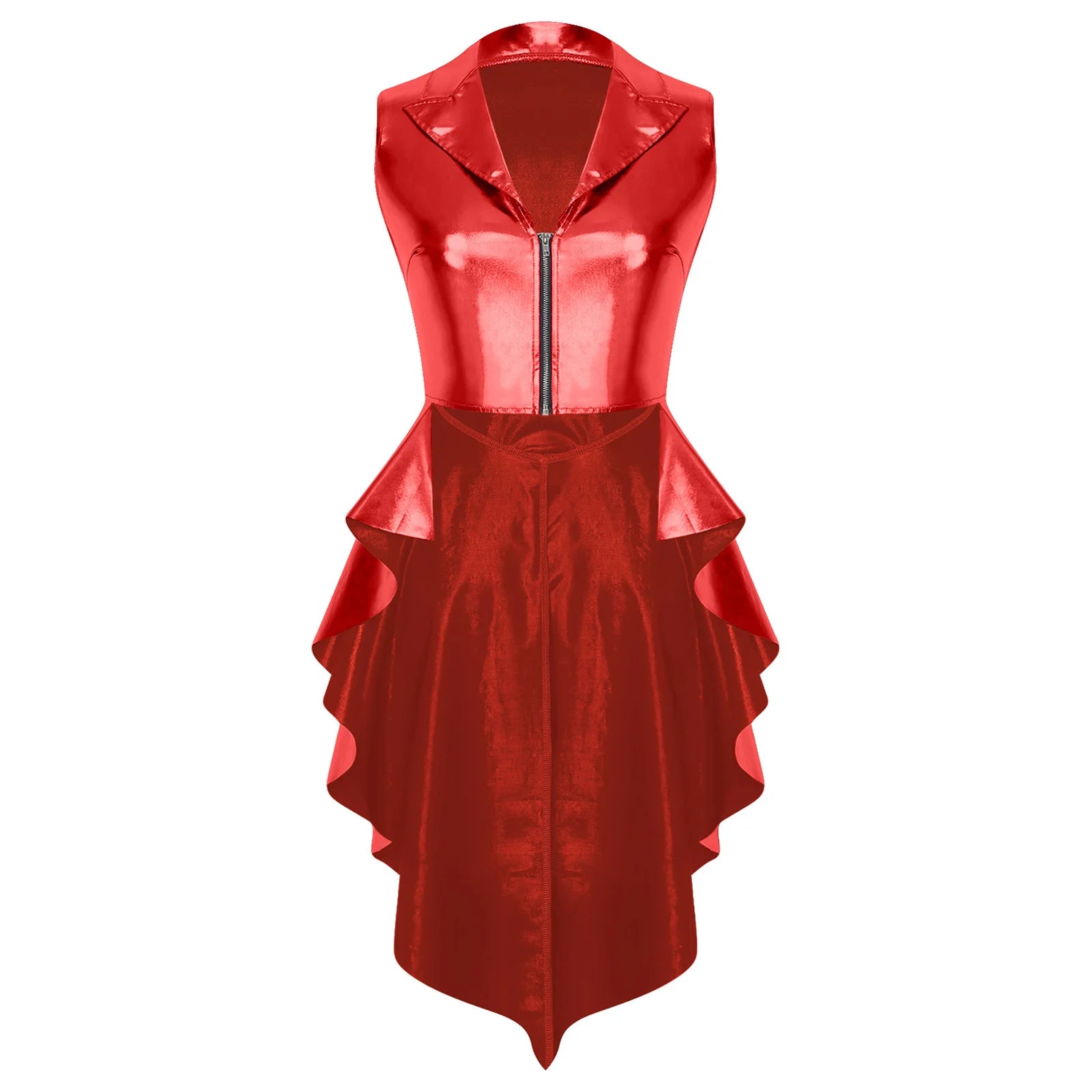 Metallic Wet-Look Sleeveless Tailcoat Jacket with Asymmetrical High-Low Hem