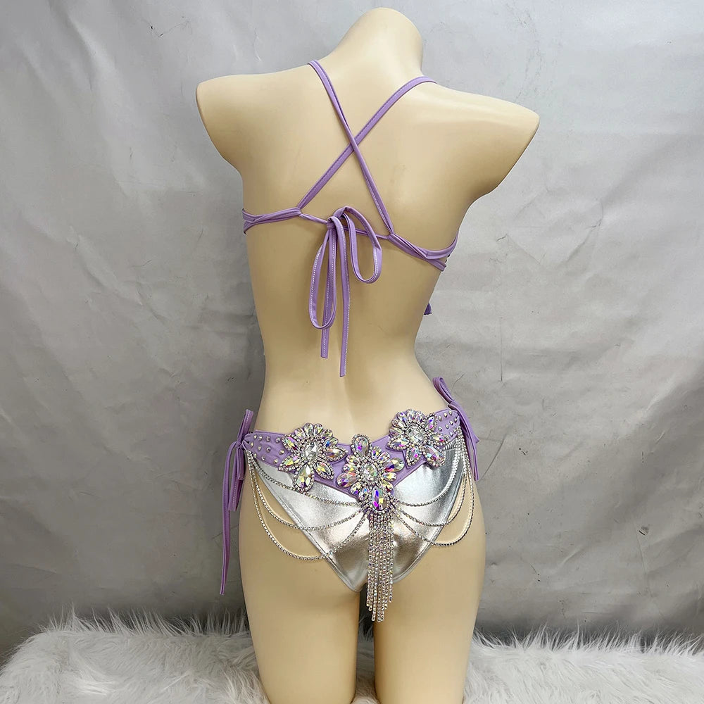 Handmade Samba Carnival Crystal Wire Bra, Panty & Belt 3-Piece Costume Set