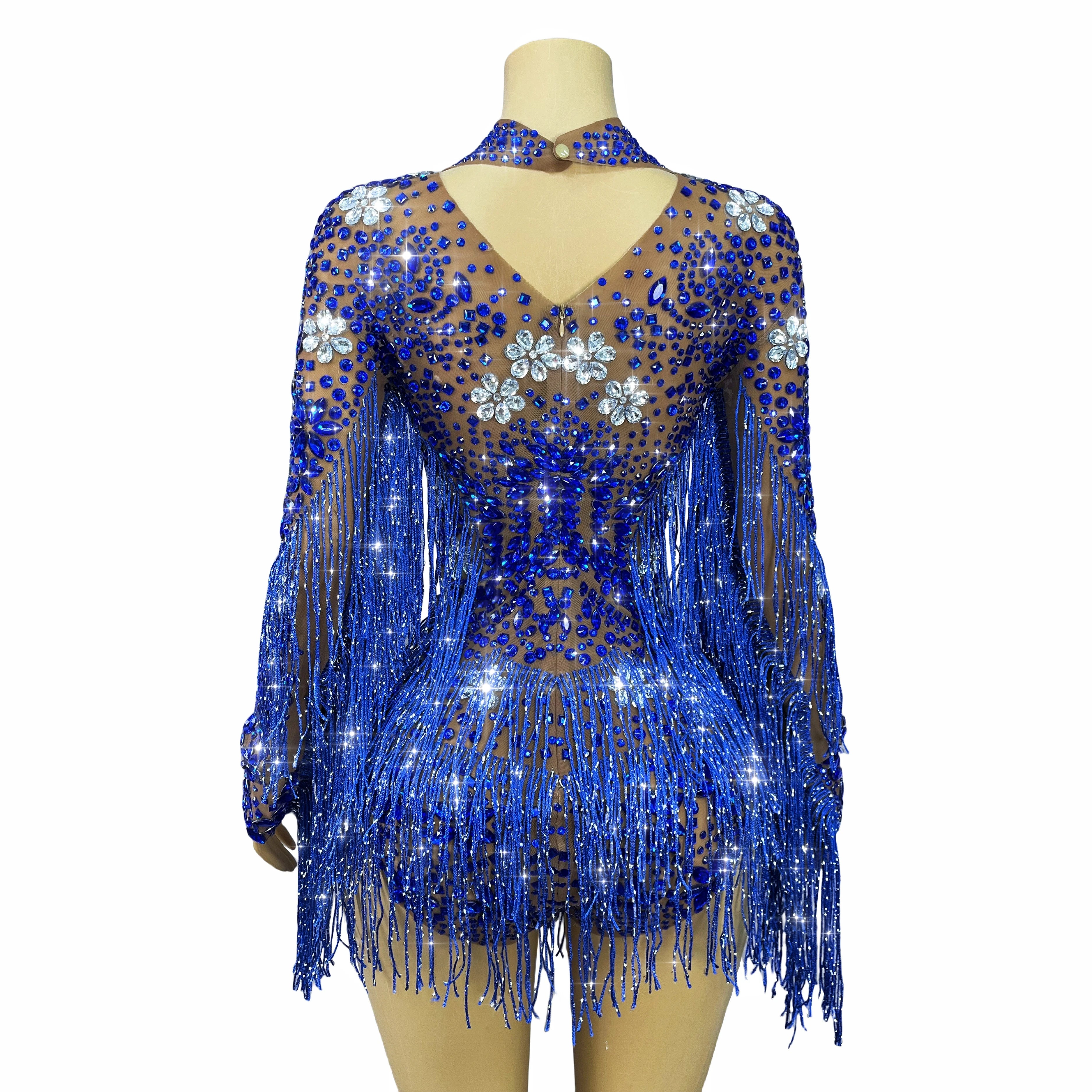Sparkly Rhinestone Tassel High-Cut Stage Performance Bodysuit Dance Leotard