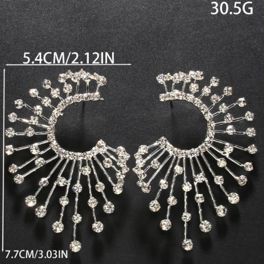 Oversized Crystal Rhinestone Geometric Fan Stud Earrings Drag Queen Stage Jewelry