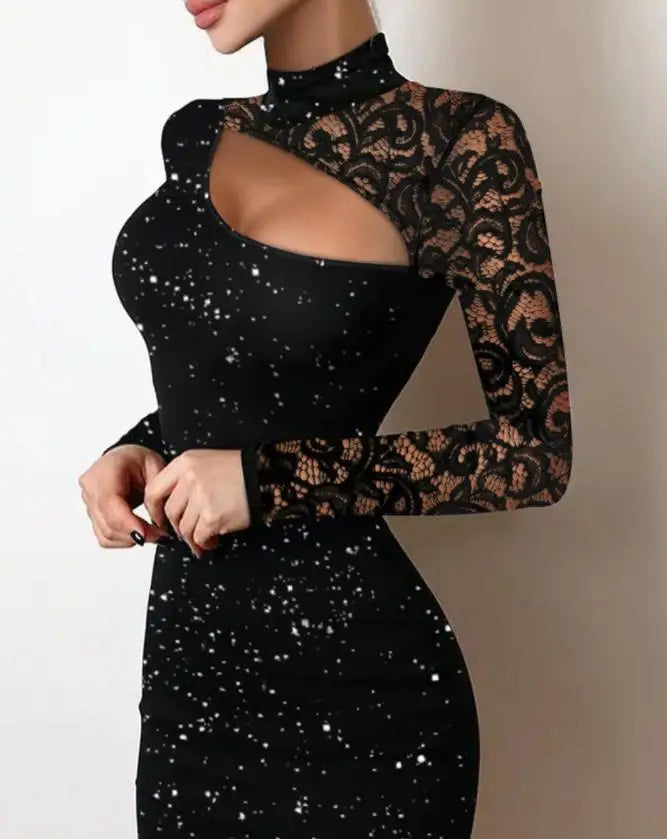 Glitter Lace Cutout Long Sleeve Bodycon Mini Dress